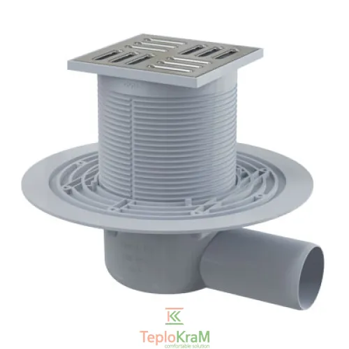 Сливной трап Alcaplast, 105x105/50 мм, с боковой подводкой, решетка: нерж., гидрозатвор SMART (APV1321)