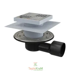 Зливний трап Alcaplast, 150x150/50/75 мм, решітка: нерж., з бічною підводкою, гідрозатвор мокрий, сухий (APV3444)