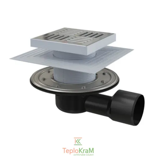 Зливний трап Alcaplast, 150x150/50/75 мм, решітка: нерж., з бічною підводкою, гідрозатвор мокрий, сухий (APV3444)
