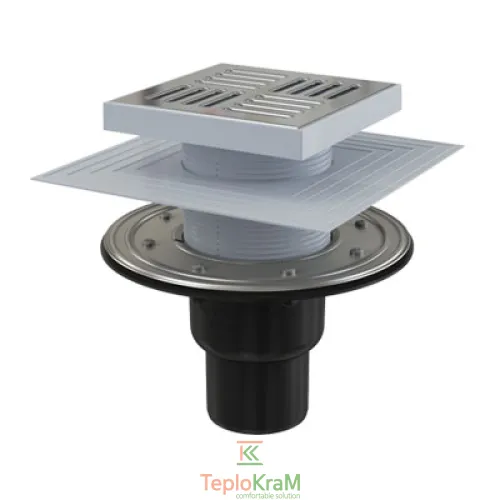 Сливной трап Alcaplast, 150x150/50/75 мм, с прямой подводкой, решетка: нерж., гидрозатвор мокрый, сухой (APV4444)
